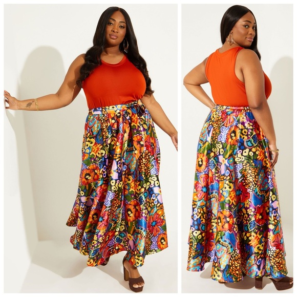 ASHLEY STEWART NWT 2X Floral Print Satin Maxi Skirt • Vibrant Colorful Rainbow - Picture 2 of 10